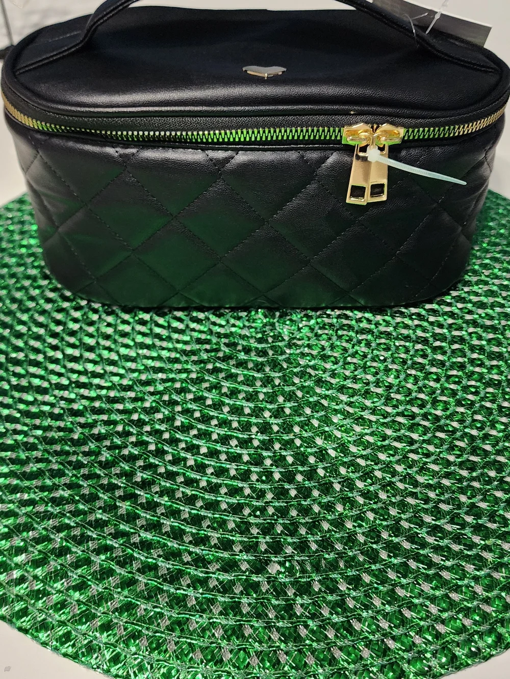 Quilted Black Leatherette Vanity Case with Gold Hardware - Picture 4 of 12